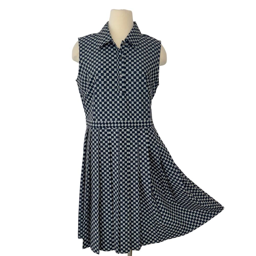 Tory Burch Performance Pleated Golf Dress Sleeveless Navy White Print XL NWOT